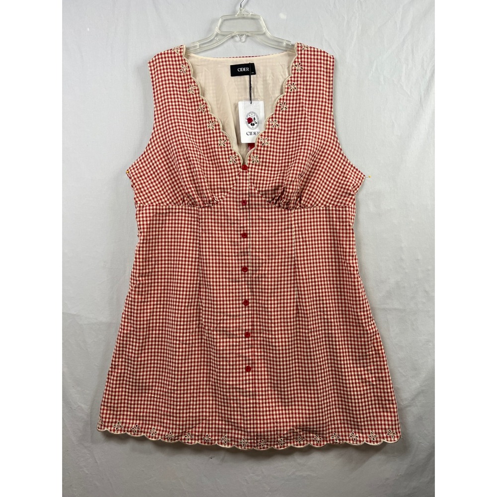 Cider Gingham Mini Dress Womens 3XL Red White Eyelet Scalloped Button Front NEW